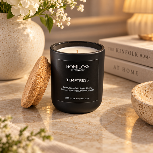 Peach, Cherry Blossom & Vanilla Scented Candle, 3 oz – Temptress – Final Stock