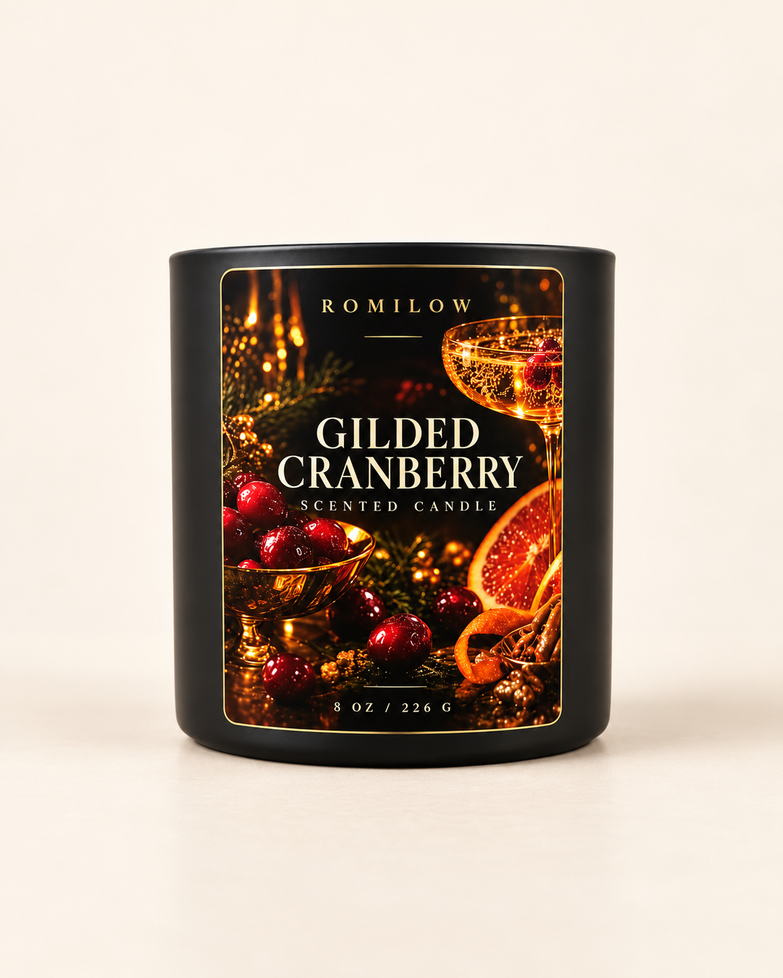 Romilow Gilded Cranberry 8 oz candle, front product photo