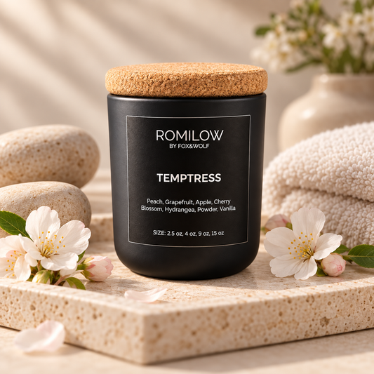 Peach, Cherry Blossom & Vanilla Scented Candle, 3 oz – Temptress – Final Stock