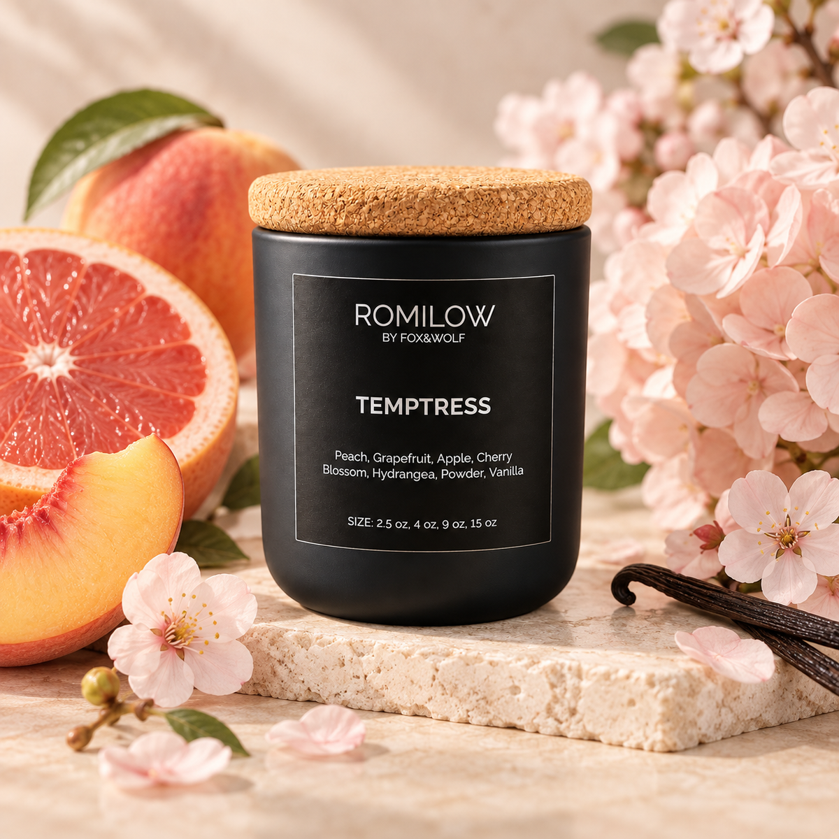 Peach, Cherry Blossom & Vanilla Scented Candle, 3 oz – Temptress – Final Stock