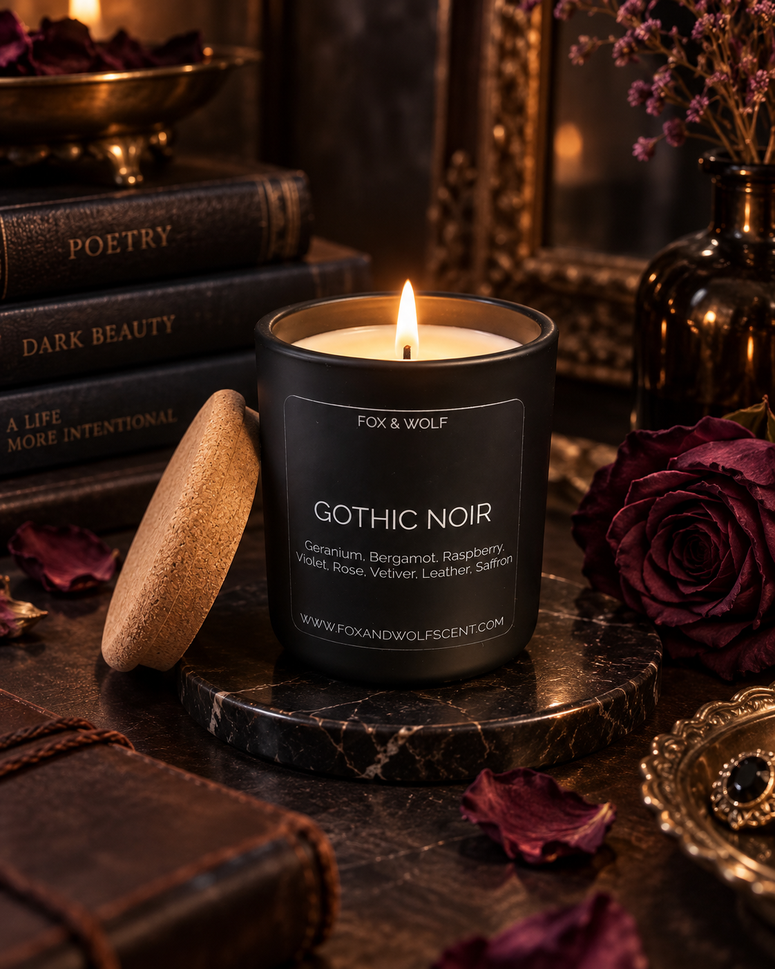 Rose, Leather & Saffron Scented Candle, 3 oz – Gothic Noir – Final Stock