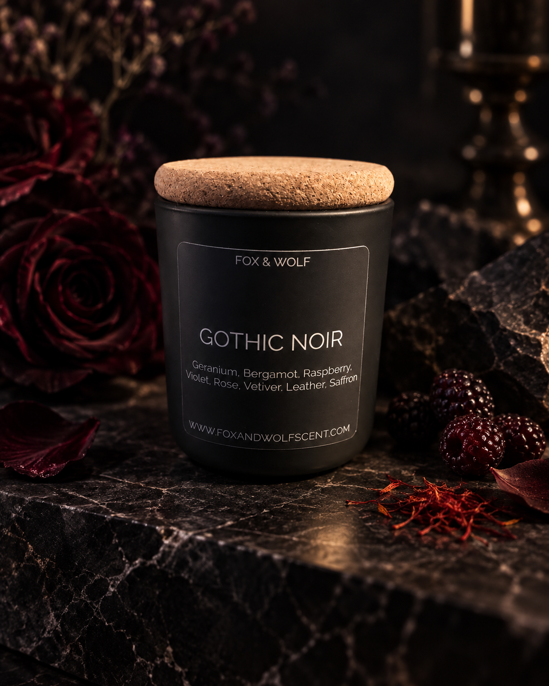 Rose, Leather & Saffron Scented Candle, 3 oz – Gothic Noir – Final Stock
