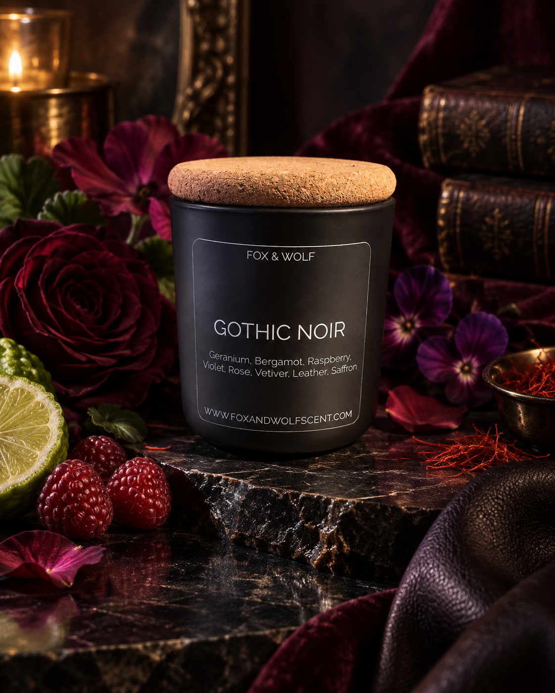 Rose, Leather & Saffron Scented Candle, 3 oz – Gothic Noir – Final Stock