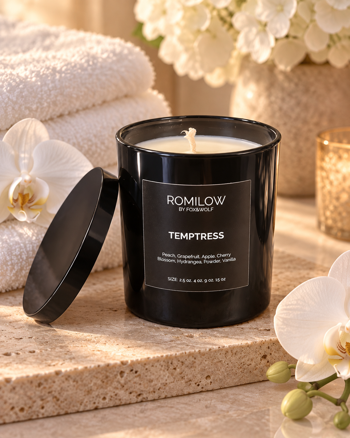 Peach, Cherry Blossom & Vanilla Scented Candle, 9 oz – Temptress