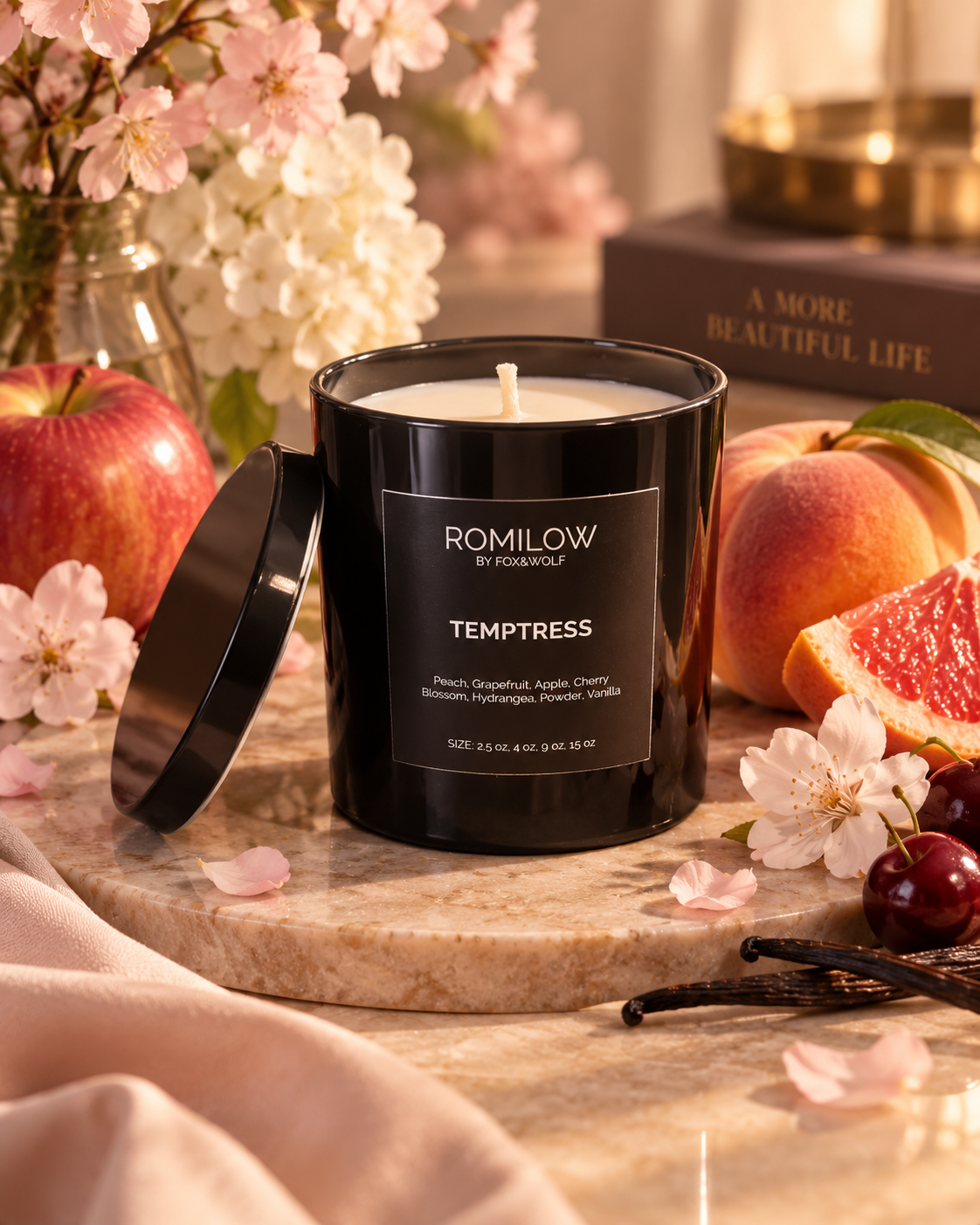 Peach, Cherry Blossom & Vanilla Scented Candle, 9 oz – Temptress