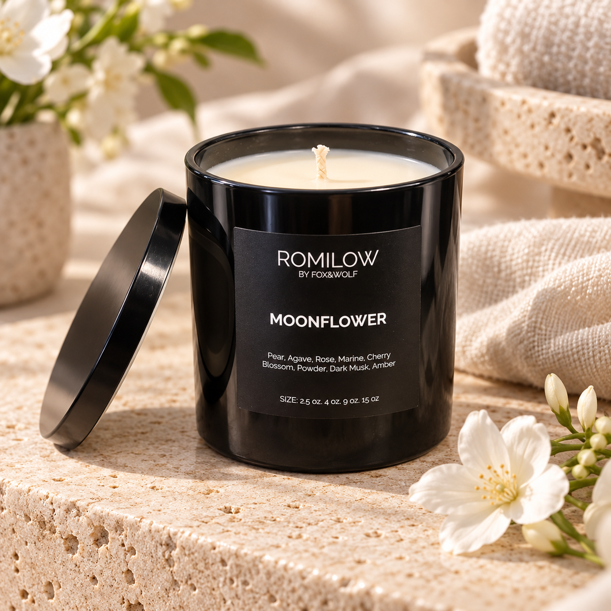 Pear, Cherry Blossom & Amber Scented Candle, 9 oz – Moonflower