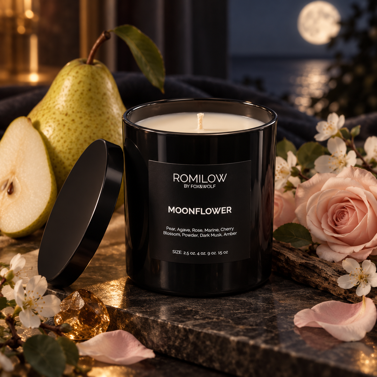 Pear, Cherry Blossom & Amber Scented Candle, 9 oz – Moonflower