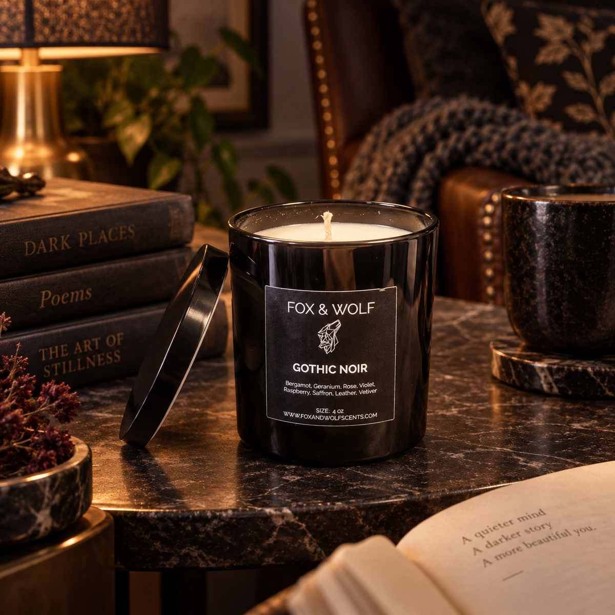 Rose, Leather & Saffron Scented Candle, 9 oz – Gothic Noir