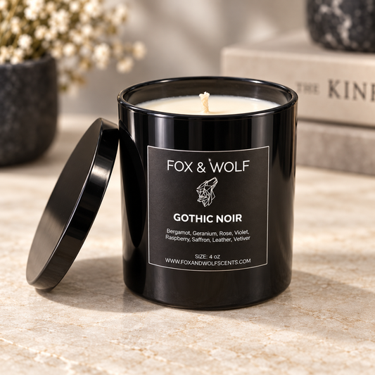 Rose, Leather & Saffron Scented Candle, 9 oz – Gothic Noir